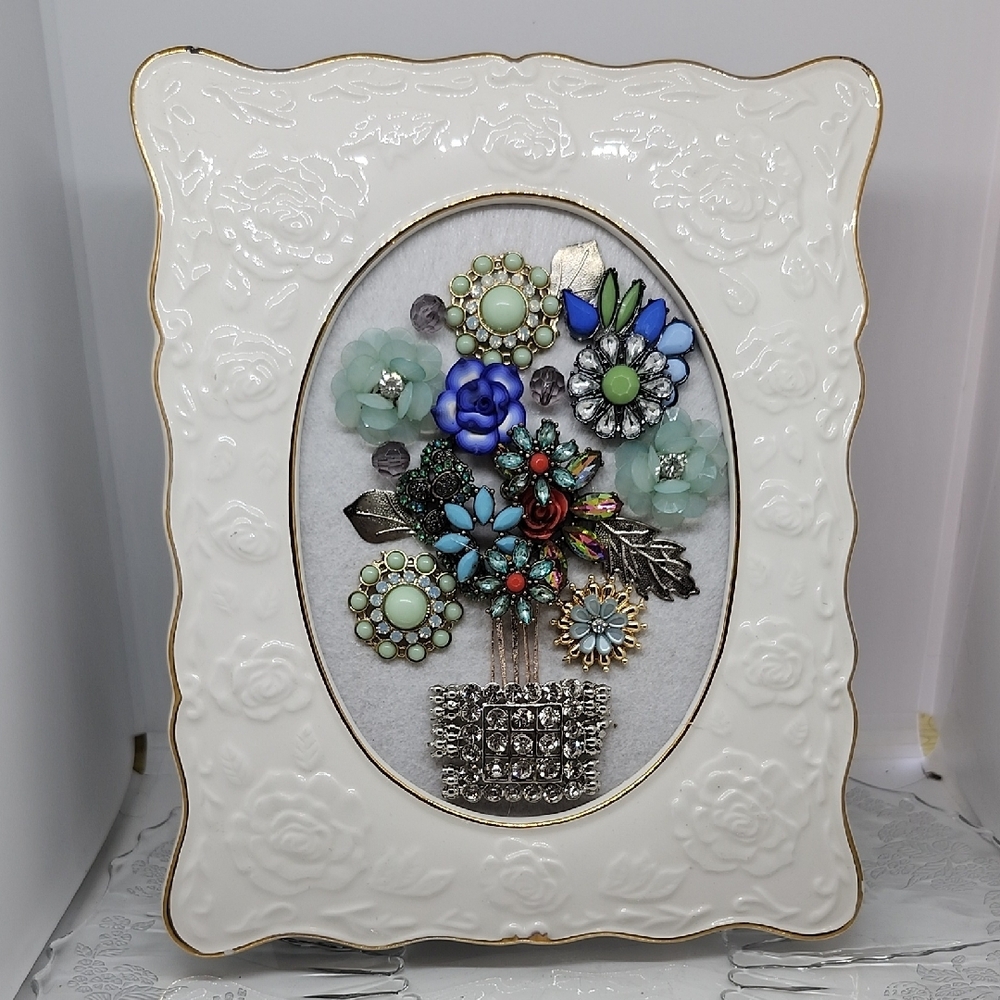 White and Blue Picture Frame with Elegant Accents